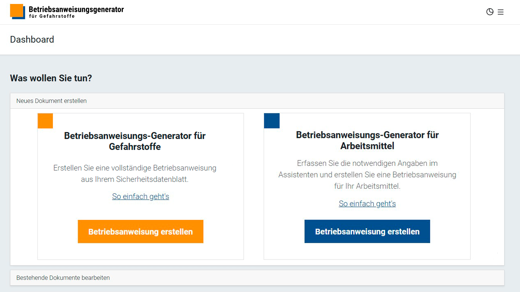 Dashboard des Betriebsanweisungsgenerators für Gefahrstoffe und Arbeitsmittel